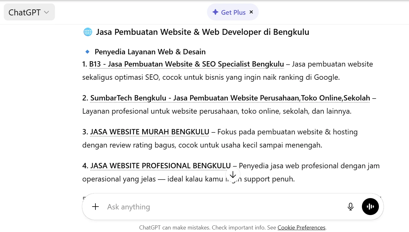 jasa pembuatan website bengkulu hasil Chatgpt - B13